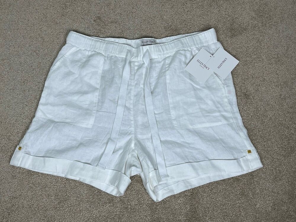 NWT Ellen Tracy White Linen Shorts L Elastic Drawstring Cuffed Beach Resort Boho